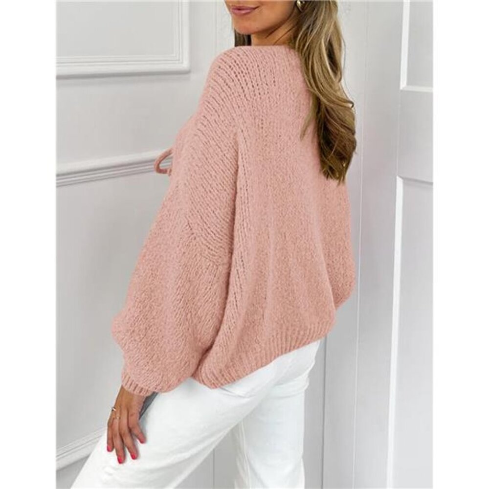 Women's Tie Front Bow Cardigan Sweaters Chunky Knit Long Puff - Picture 2 of 7